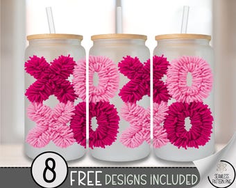 Valentine's Day Glass Can Wrap, Faux Yarn XOXO 16oz Glass Tumbler Sublimation Design, Digital Download, Galentine PNG File A856