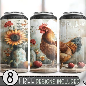 Rustic Chicken 4in1 Can Cooler Wrap, Winter Sublimation Design, Floral 16 Oz Slim, Cute Rooster 4 in 1 Tumbler Png, Chick 16 Oz Can Cooler