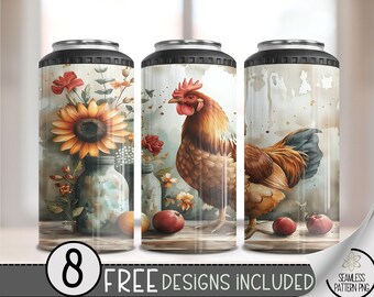 Rustic Chicken 4in1 Can Cooler Wrap, Winter Sublimation Design, Floral 16 Oz Slim, Cute Rooster 4 in 1 Tumbler Png, Chick 16 Oz Can Cooler
