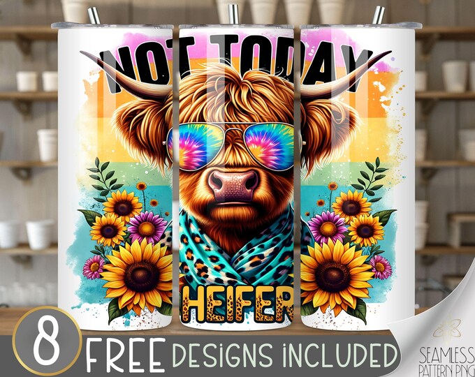 Cute Highland Cow Tumbler Wrap, Not Today Heifer 20Oz Skinny Tumbler Wrap PNG, Funny Highland Cow Tumbler Sublimation Design, Tie Dye Cow