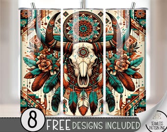 Boho Western Skull 20oz Tumbler Wrap PNG, Southwest Bull Skull Floral Feathers Sublimation Design, Aztec Mandala Tribal Cup Wrap DTF, A67