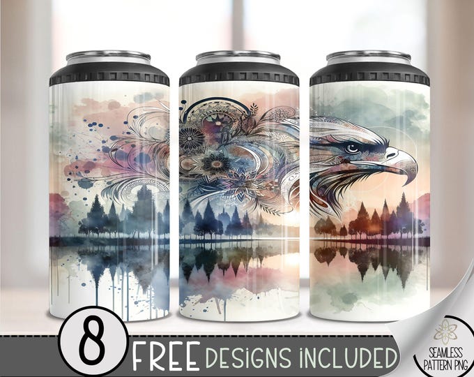Floral Eagle Boho Dreamcatcher 4in1 Can Cooler Wrap, Sunset Lake 4 in 1 Tumbler PNG, Seamless Ethereal 16 Oz Can Cooler Sublimation Design