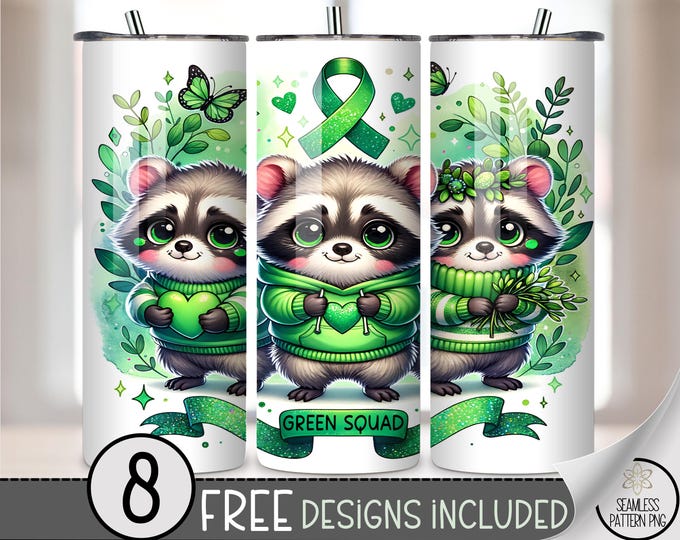 Green Squad Raccoon Awareness Tumbler Wrap PNG, 20 oz Sublimation Design for Mental Health Support, 20oz Green Ribbon Tumbler File, A352