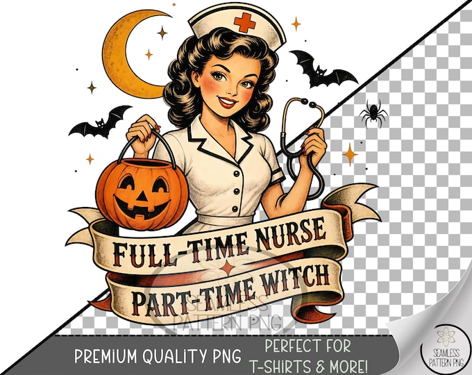 Halloween Sublimation Design, Retro Nurse Witch UV DTF Graphic, Spooky Clip Art, Digital Download, B10548