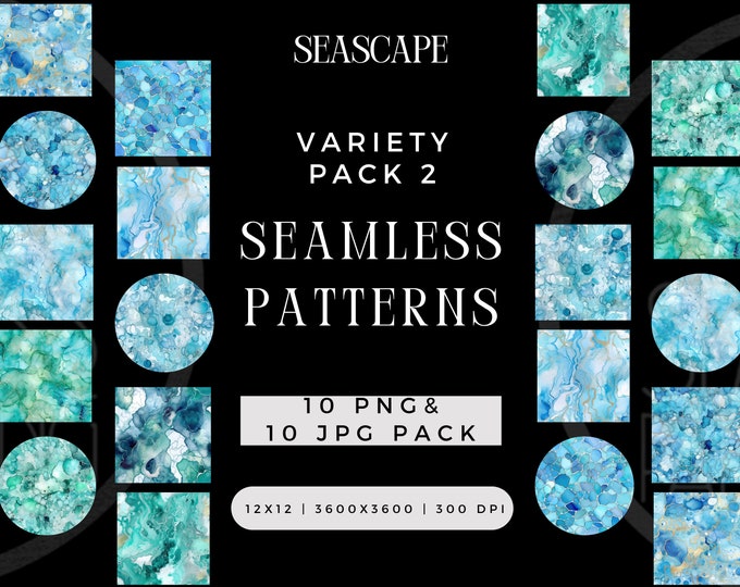 Digital Watercolor Seascape Seamless Pattern PNG JPG Bundle, Summer Shore Coast Craft Sublimation File, Green Repeating Pack Commercial