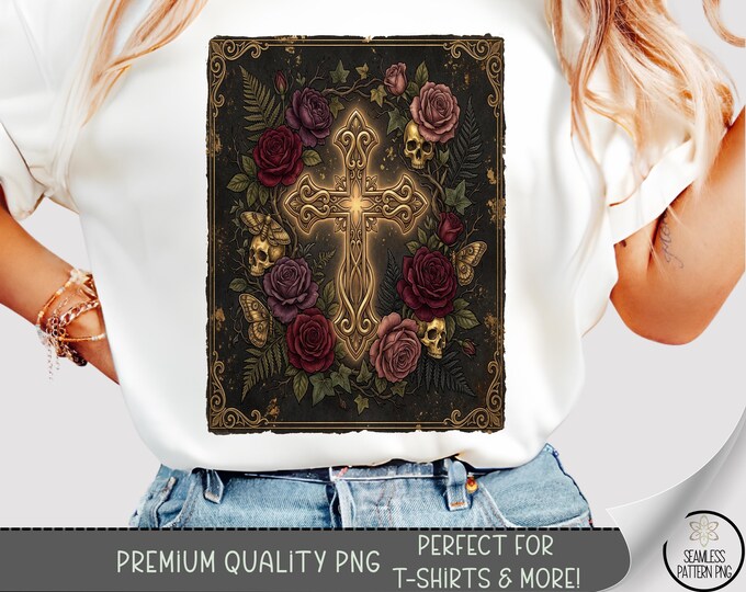 Gothic Cross Skull T-shirt PNG, Dark Academia Sublimation Design, Digital Download, B10474