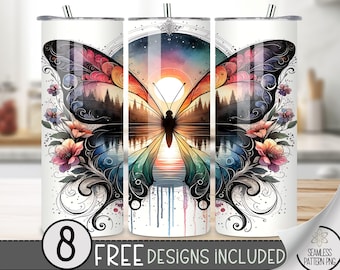Butterfly Sunset Tumbler Wrap, Flower Sublimation Design, Elegant Nature Tumbler File, Watercolor Butterfly Sublimation PNG, Lake reflection