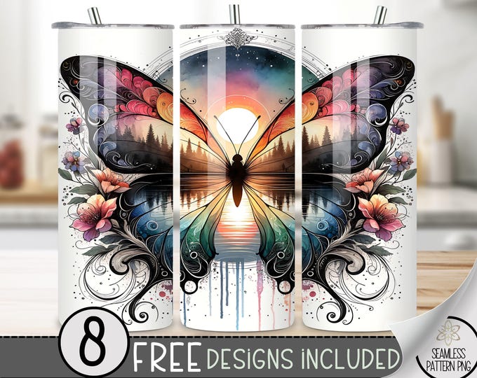 Butterfly Sunset Tumbler Wrap, Flower Sublimation Design, Elegant Nature Tumbler File, Watercolor Butterfly Sublimation PNG, Lake reflection