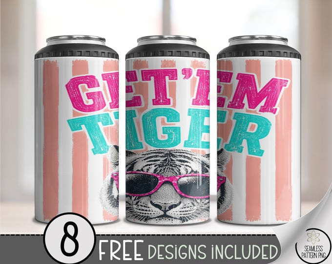 Get'em Tiger 4-in-1 Can Cooler Wrap, Pink Sunglasses Sublimation Design, Digital Download, B10385