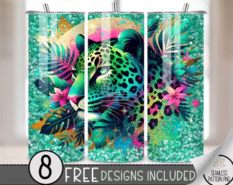 Glitter Leopard Tumbler Wrap, Sparkly Leopard Print 20oz Skinny Tumbler Sublimation Design, Summer Tropical Tumbler Wrap PNG, Seamless File