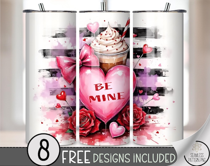 Be Mine Candy Heart 20 oz tumbler wrap: Coquette Bow and Coffee Sublimation Design for Skinny Tumblers, Pastel PNG Files A650