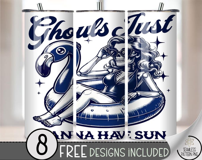 Vintage Ghoul 20 oz Tumbler Wrap, Humorous Halloween Poolside Design, Ghouls Wanna Have Fun Summerween Design, Printable 20oz Wrap A426
