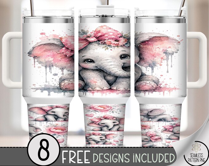 Baby Elephant 40oz Tumbler Wrap, Pink Floral Sublimation Design, Watercolor Art PNG Files, Digital Download, B10466