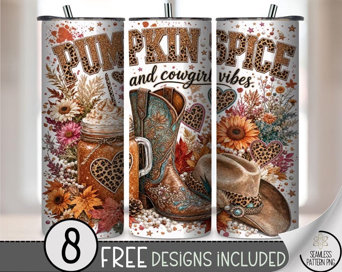Pumpkin Spice Cowgirl Tumbler Wrap, Boho 20 Oz Digital Download, Fall Printable Tumbler PNG, B10448