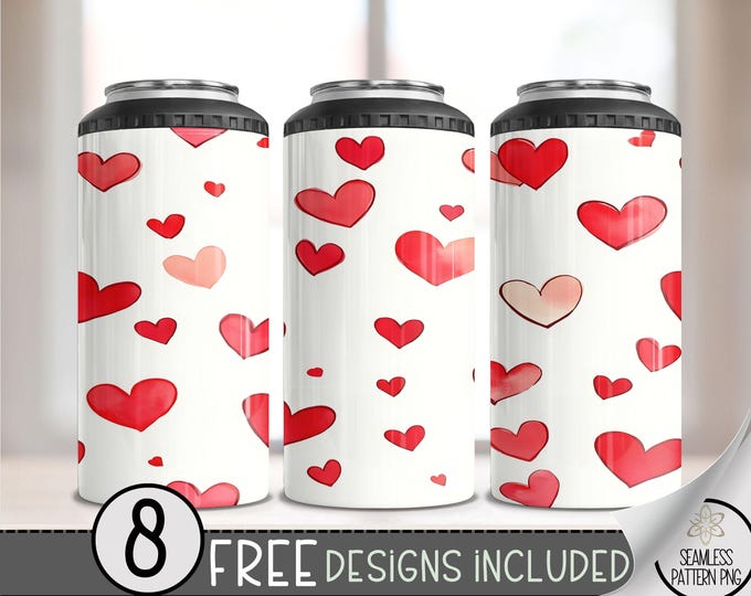 Valentines Day 4 in 1 Can Cooler Wrap, Seamless Heart 4in1 Tumbler PNG, Vday 16 Oz Can Cooler Sublimation Design,Love Hearts Hard Can Cooler