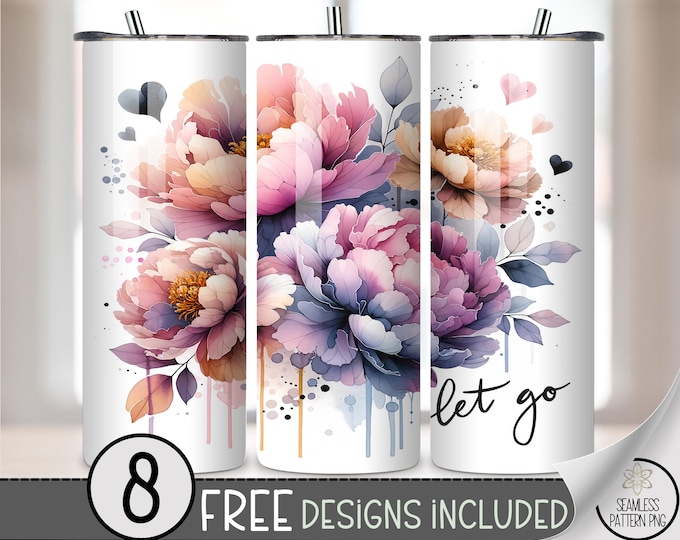 Let Go Floral Tumbler Wrap PNG, Pastel Peony Sublimation Design for 20oz Skinny Tumbler, Watercolor Flower Tumbler Wrap PNG File, A293