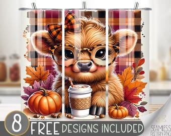 Cute Highland Cow Tumbler Wrap, Plaid 20 oz Tumbler Sublimation Designs, Cow Pumpkin Tumbler File, Autumn Highland Cow Tumbler Design