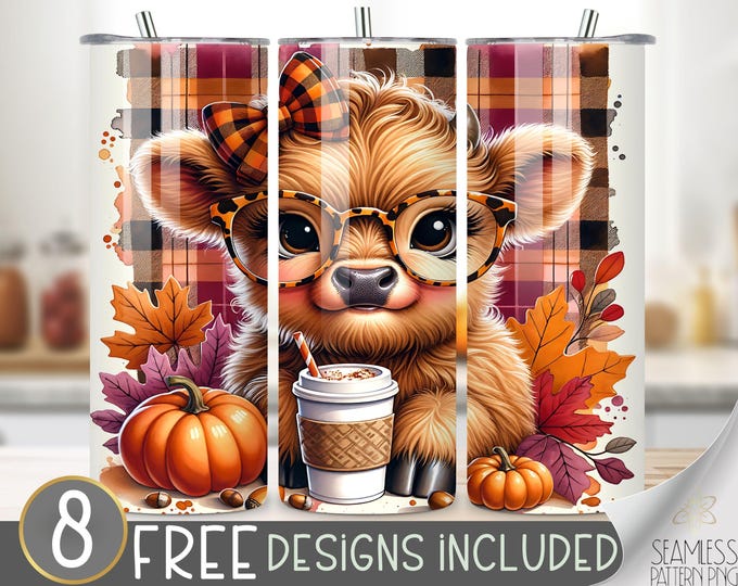 Cute Highland Cow Tumbler Wrap, Plaid 20 oz Tumbler Sublimation Designs, Cow Pumpkin Tumbler File, Autumn Highland Cow Tumbler Design