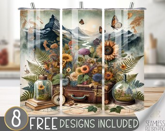 Reise-Tumbler-Wrap, nahtlose 20 Unzen-dünne Tumbler-Sublimation, Urlaubs-Tumbler, Feiertags-Tumbler, Abenteuer-Tumbler, Wildblumen-Tumbler PNG