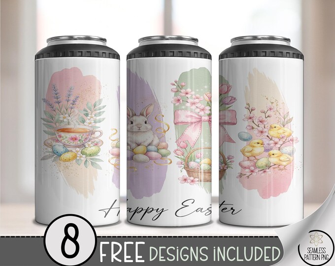 Easter Bunny 4 in 1 Can Cooler Wrap, Cute Floral Eggs Sublimation Design, Pastel, B917