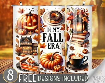 In My Fall Era Autumn Tumbler Wrap Design, Pumpkin Spice Coffee Halloween 20oz Sublimation Template, Plaid 20 oz Tumbler Sublimation Designs