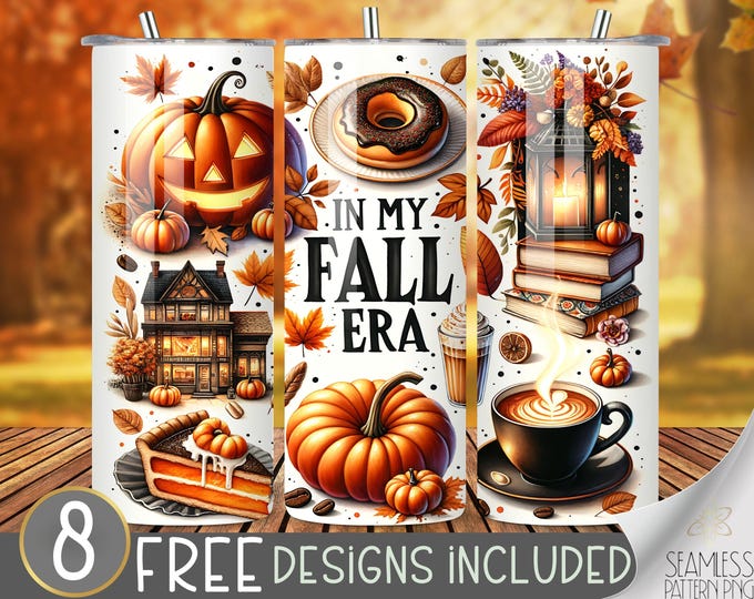 In My Fall Era Autumn Tumbler Wrap Design, Pumpkin Spice Coffee Halloween 20oz Sublimation Template, Plaid 20 oz Tumbler Sublimation Designs