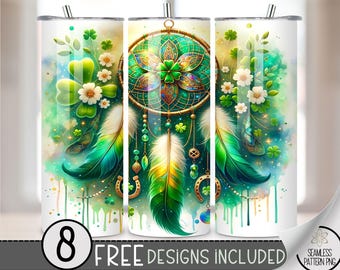 St. Patrick'S Tumbler Wrap, Feather Dreamcatcher Sublimation Design PNG, Shamrock 20Oz Skinny Tumbler File, St Patty Boho Floral Tumbler PNG