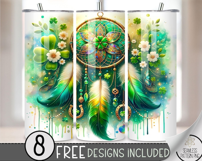 St. Patrick'S Tumbler Wrap, Feather Dreamcatcher Sublimation Design PNG, Shamrock 20Oz Skinny Tumbler File, St Patty Boho Floral Tumbler PNG