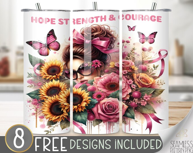 Messy Bun Mom Pink Awareness Breast Cancer Survivor Tumbler Wrap 20 oz Skinny Tumbler Sublimation Design Floral Instant Digital Download