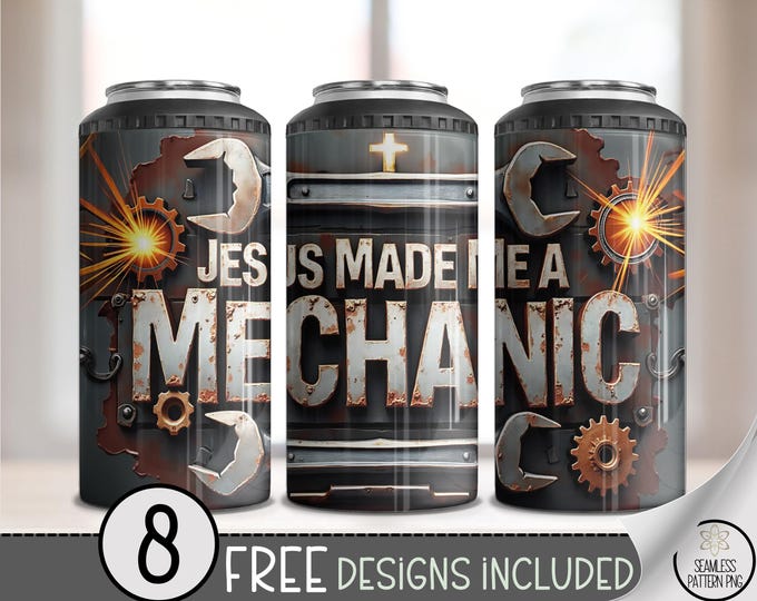Industrial Grunge Christian 4 in 1 Can cooler Wrap, Jesus Made Me a Mechanic Sublimation Design, Masculine Rustic Wrap For A Guy, A504