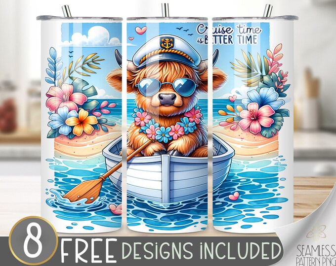 Highland Cow Cruise Tumbler Wrap, Cruise Time File, Tropical 20oz Tumbler Wrap, Beach Ship Tumbler PNG, Vacation Cruise Sublimation