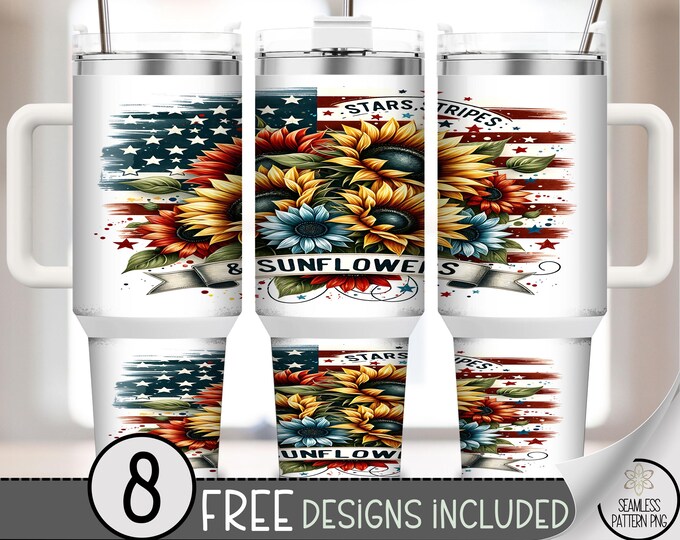 Stars and Sunflowers 40oz Tumbler Wrap, Floral Patriotic Sublimation PNG, Red White Blue Skinny Tumbler Wrap Design, Instant Download, A326