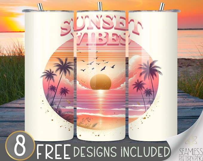 Sunset Vibes Sublimation Tumbler Wrap, Gold Pink 20oz Skinny Tumbler Design, Boho Sunset Tumbler Wrap, Summer Tumbler Wrap, Vacation Tumbler