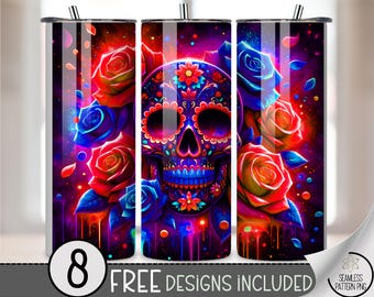 Sugar Skull 20 oz Tumbler Wrap, Skinny Floral Skull Design, 20oz Vibrant Rose Seamless Design, Day of the Dead Sublimation Design, A464