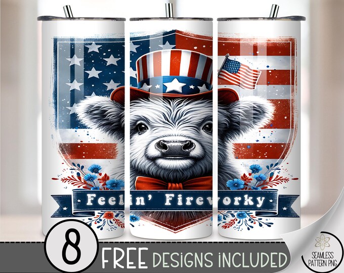 Feelin’ Fireworky Patriotic Highland Cow Tumbler Wrap PNG, USA 20 oz Sublimation Design, 20oz American Flag Tumbler Design File, A301