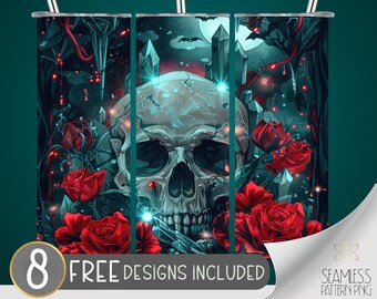 Skull and Flowers 20oz Tumbler PNG, Dark Floral 20oz Sublimation Tumbler Design, Skull With Roses Tumbler Wrap, Rose Skull Instant Download