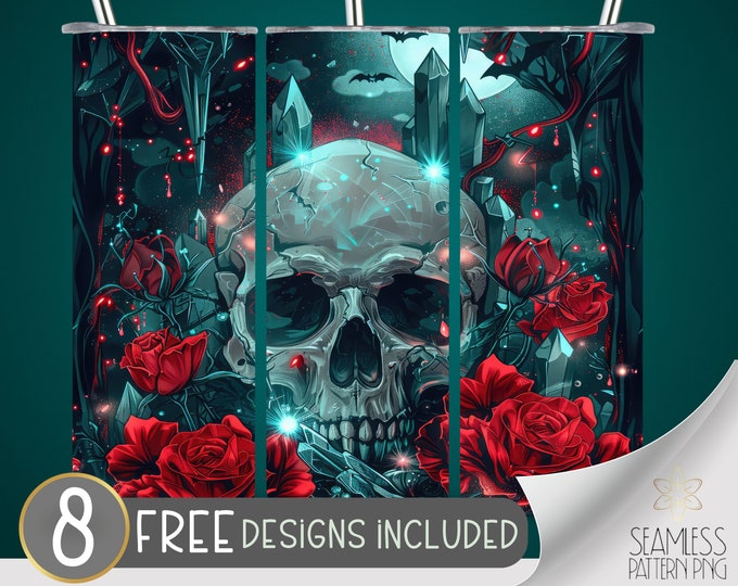 Skull and Flowers 20oz Tumbler PNG, Dark Floral 20oz Sublimation Tumbler Design, Skull With Roses Tumbler Wrap, Rose Skull Instant Download
