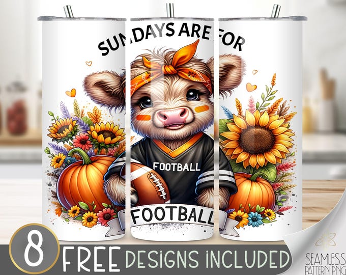 Football highland cow tumbler wrap, fall 20 oz skinny tumbler sublimation, football tumbler design, cute football cow tumbler file,sunflower