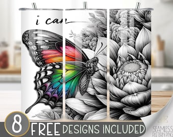 Butterfly Positive Affirmation Tumbler Wrap,Inspirational 20oz Skinny Tumbler Sublimation Design,Floral I Can Inspirational Quote PNG Flower