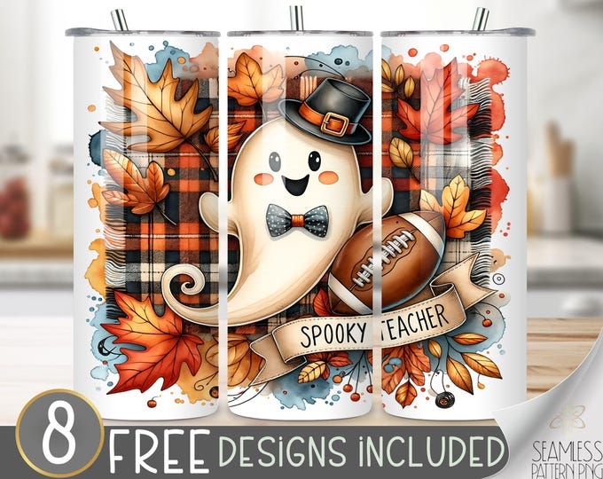 Cute Ghost Tumbler Wrap, Spooky Teacher Tumbler Wrap, Halloween Sublimation Design, Autumn Plaid 20Oz Tumbler File,Ghost Teacher Sublimation