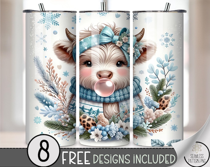 Winter 20 oz tumbler wrap: Highland Cow in Winter Scarf Digital Download Sublimation Design for Skinny Tumblers, Cute PNG Files B852