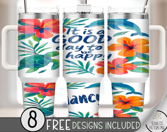 Floral Ocean 40 oz Tumbler Wrap PNG,Turtle & Dolphin Summer Cup Wrap,Happy Quote Sublimation Design, Add Your Name 40oz Tumblers, A238