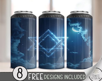Hanukkah 4in1 Can Cooler Wrap, Winter Sublimation Design,Chanukah 4 in 1 Tumbler PNG,Blue Silver Glittery 16 Oz Can Cooler,Festival Of Light