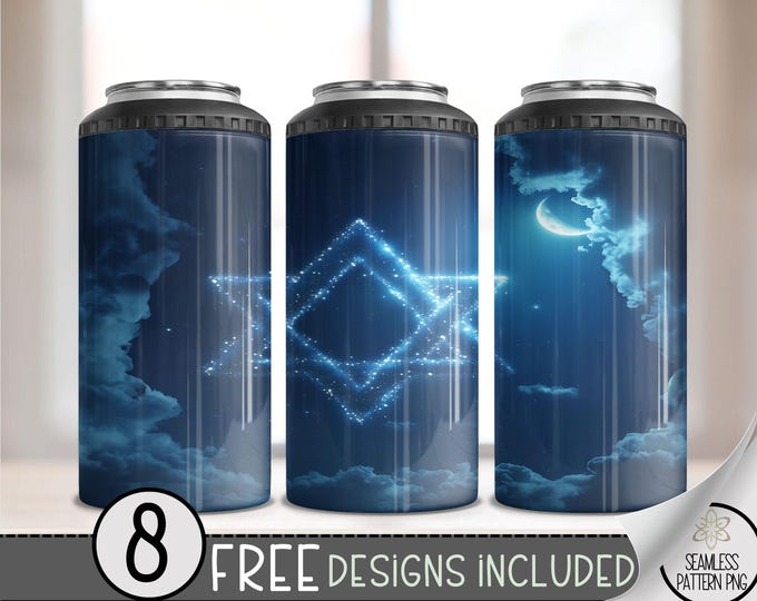 Hanukkah 4in1 Can Cooler Wrap, Winter Sublimation Design,Chanukah 4 in 1 Tumbler PNG,Blue Silver Glittery 16 Oz Can Cooler,Festival Of Light