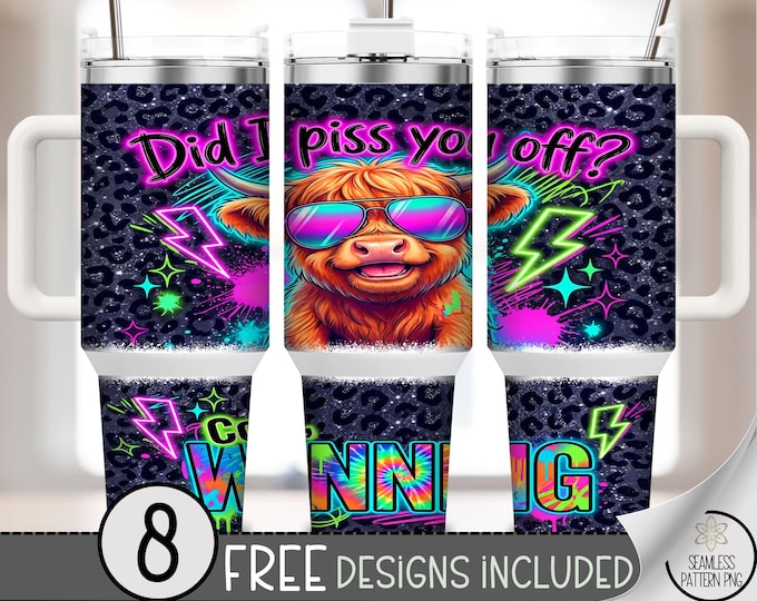 Sassy Highland Cow 40 oz Tumbler Wrap, Sarcastic Sublimation Design, Retro Neon PNG Files, Digital Download, B10237