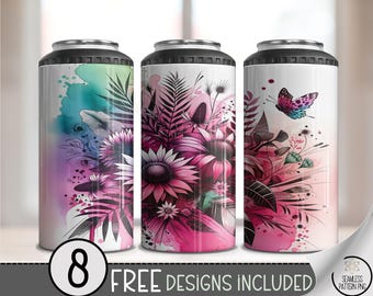 Floral 4-in-1 Can Cooler Wrap PNG, Pink Teal Butterfly Daisy Wrap, Bright Watercolor Sublimation Design for Skinny Cooler Can Holder, A347