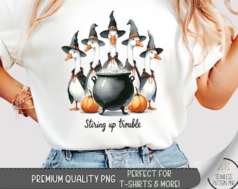 Funny Goose T-Shirt PNG, Fall Pumpkin Sublimation Design, Halloween Duck Clipart, Stirring Up Trouble Shirt File,Funny Witchy Tee File, A364