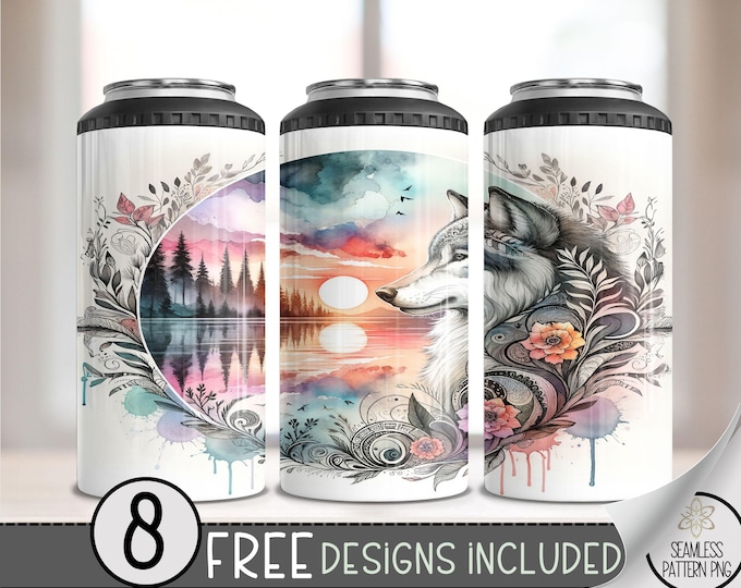 Boho Wolf Floral 4in1 Can Cooler Wrap, Watercolor Sunset Lake 4 in 1 Tumbler PNG, Seamless Ethereal 16 Oz Can Cooler Sublimation Design
