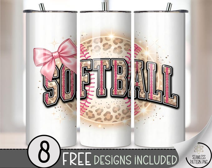 Softball 20 oz Tumbler Wrap, Glamorous Sublimation Design for Straight Tumblers, Trendy PNG Files with Leopard Print and Pink Bow B10171