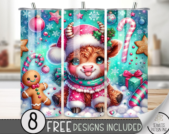 Cute Highland Cow Tumbler Wrap, Xmas 20oz Tumbler Sublimation Design, Teal Christmas Modern Tumbler, Candy Cane Tumbler Wrap,Gingerbread Man